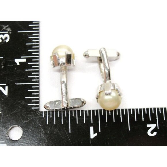 Imitation Pearl Silver Tone Cufflinks Tux Shirt Dress Suit Vintage - Picture 4 of 7